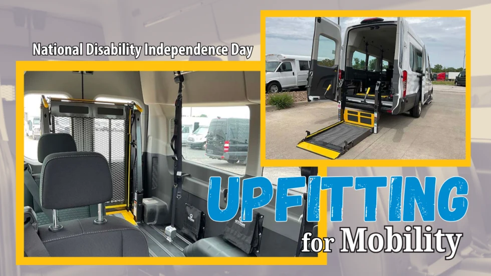 Background tinted image of van passenger seating with inset mages of inside of ADA-capable van and exterior view of van with wheelchair lift deployed, plus headline of Upfitting for Mobility.