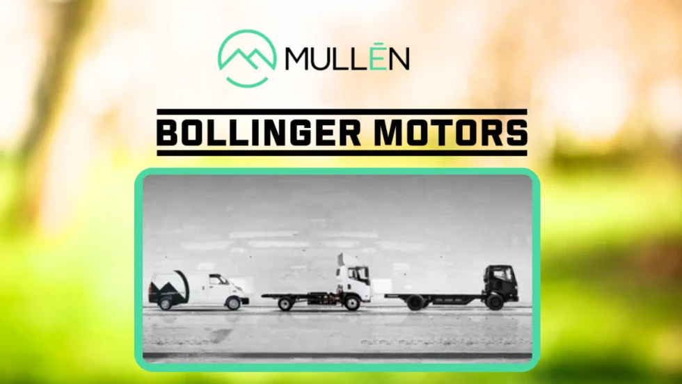 Black and white image of a chassis cab, a box truck, and a cargo van set in front of a natural background with logos for Mullen and Bollinger Motors.