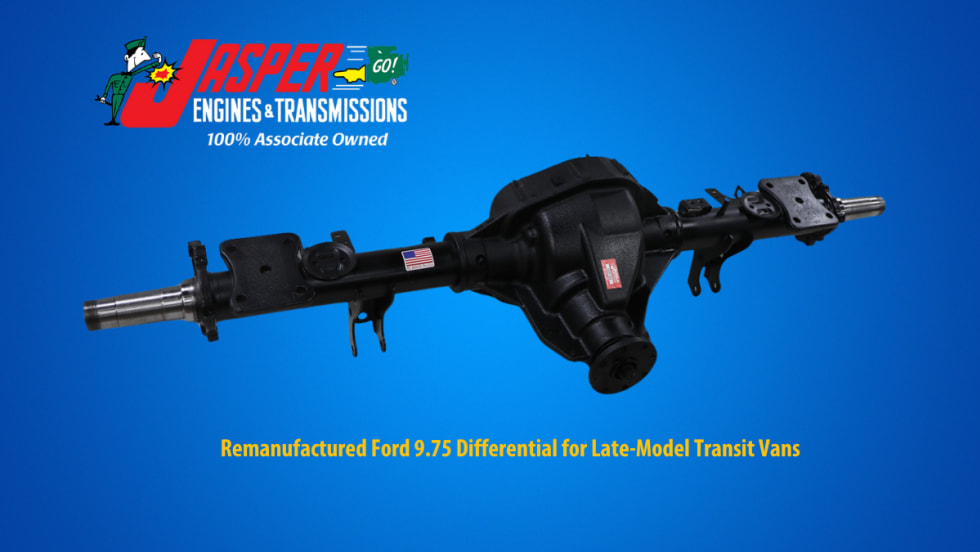 Automotive differential against a blue background and an inset logo for Jasper Engines & Transmissions.