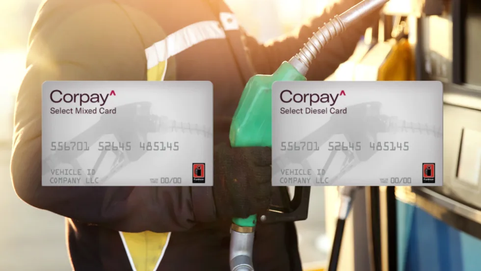Corpay Select Fleet Cards displayed at fuel pump, offering fleet managers fuel savings, spend control, and maintenance management tools.