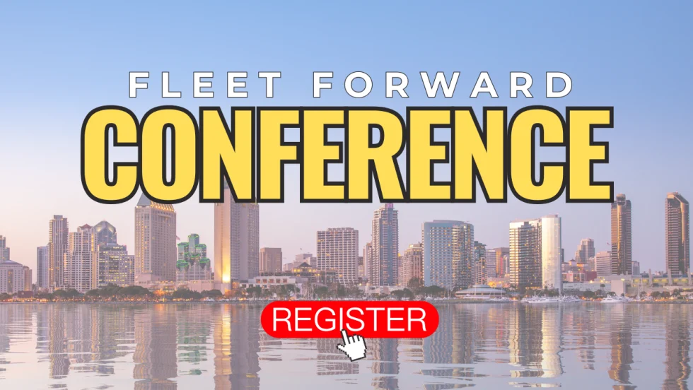 San Diego skyline on a clear day with Fleet Forward Conference, Register overlayed on top. 