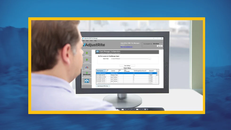 blue background with inset image of man looking at computer screen.