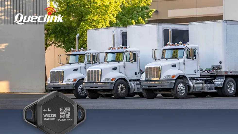 Photo of three tractor trailers parked in an industrial setting with inset lower left image of an asset tracker and logo for Queclink in the top left.