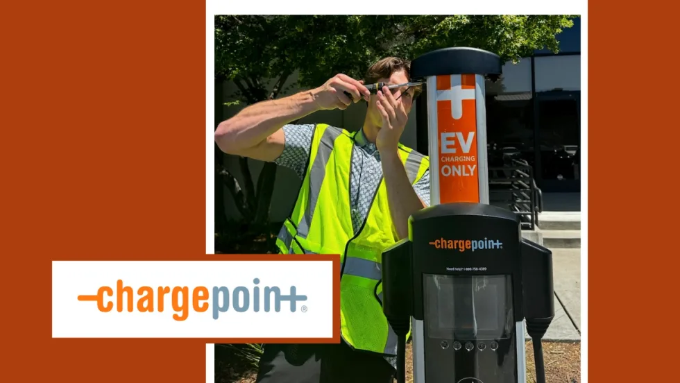 Inset photo of a worker performing service on an EV charging station, set against an orange background and with an inset logo for ChargePoint.
