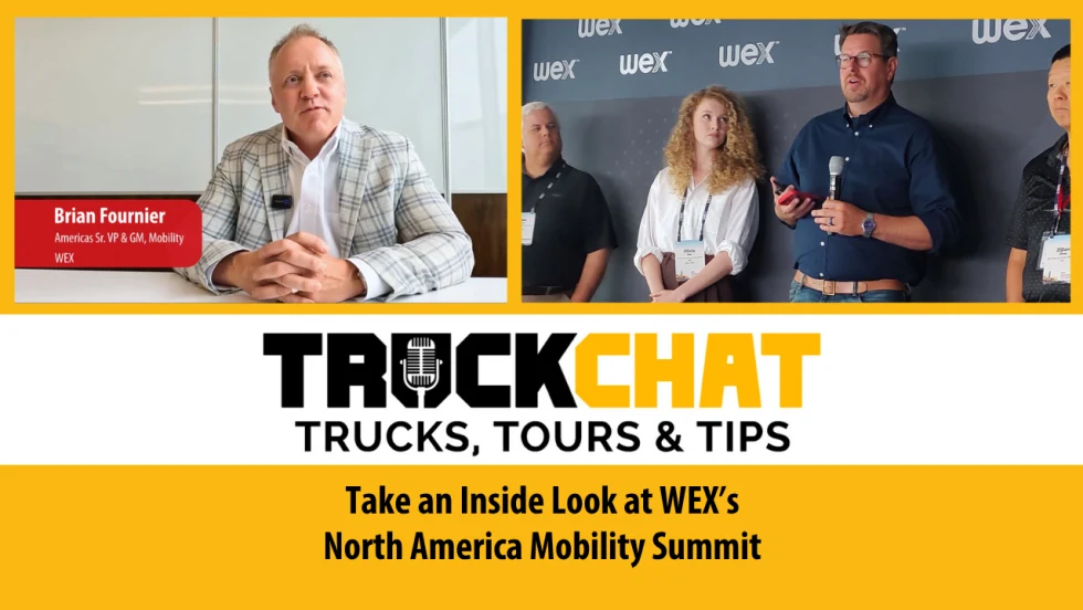 Thumbnail image of video that shows logo for TruckChat Trucks, Tours & Tips with inset photo of man in business attire top left and inset photo of a speaker and three others top right.