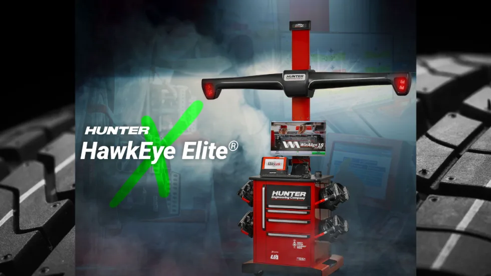 Image of a tire alignment system set against the background of a closeup tire tread photo an a logo for Hunter HawkEye Elite.