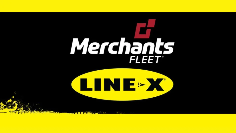 Black background trimmed in yellow at the top and bottom with inset logos for Merchants Fleet and LINE-X.