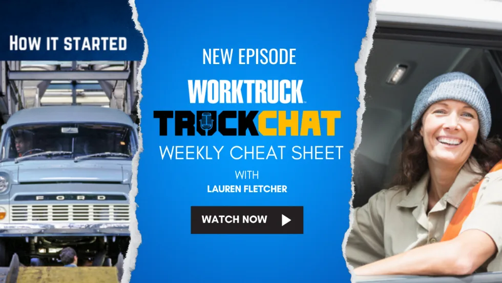 Split image showing a vintage Ford step van in production and a modern smiling delivery driver, promoting Work Truck's Truck Chat Weekly Cheat Sheet with Lauren Fletcher.