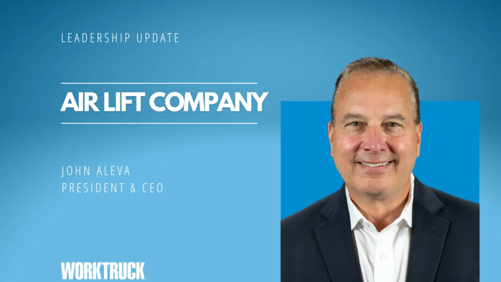 Man in business attire against blue background and white headlines for Leadership Update, Air Lift Company, and the man's name and title.