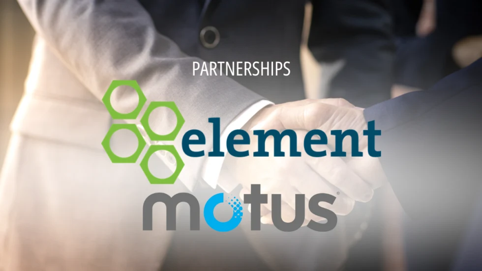 Handshake in background with Partnerships and Element and Motus Logos.
