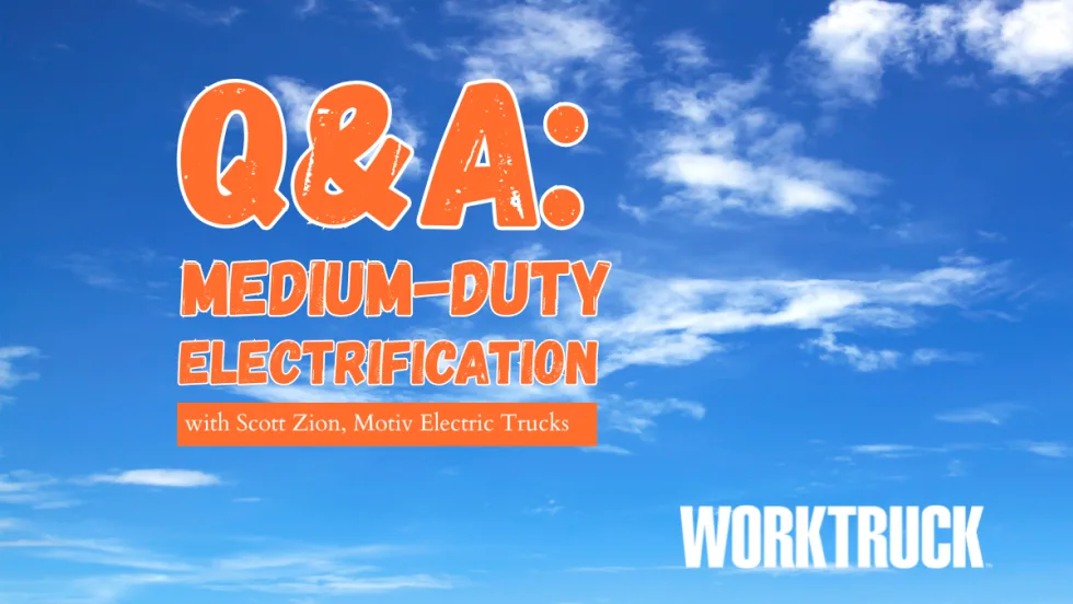 Blue sky background with orange headline text that reads Q&A: Medium-Duty Electrification and an a small white Work Truck logo.