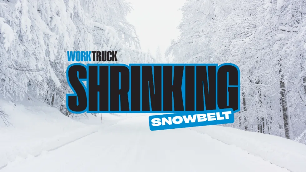 Work Truck headline graphic reading “Shrinking Snowbelt” over a snowy, tree-lined road