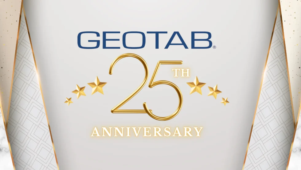 Geotab 25th anniversary celebration graphic with gold stars and text on a white and gold backdrop.