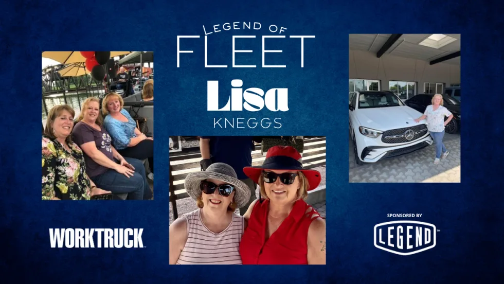 Fleet manager Lisa Kneggs featured in a Fleet Legends graphic with photos from her career journey, including casual and professional moments. Sponsored by Legend Fleet.