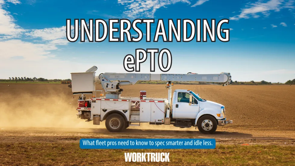 White utility truck with an aerial lift boom driving through a dirt field under a blue sky, representing vehicles that commonly use power take-off (PTO) or electric PTO (ePTO) systems.