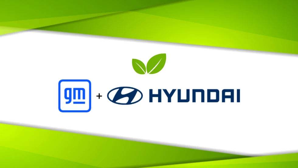 GM and Hyundai logos with green leaves on a white and green background.