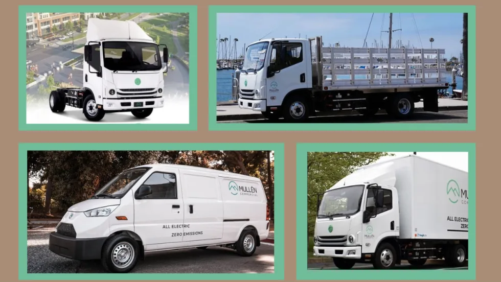 Beige background with inset photos of four battery-electric commercial vehicles - a van, a box truck, a chassis cab, and a stake body truck.