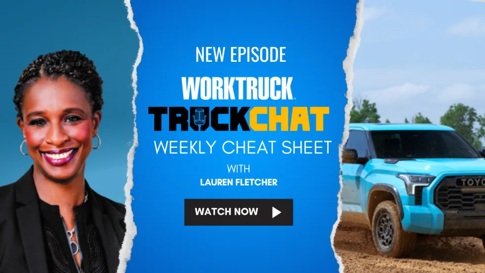 Truck Chat Weekly Cheat Sheet episode featuring fleet news updates with Alicia Boler-Davis as Ford Pro president, EV trends, and Toyota 2026 Tundra.