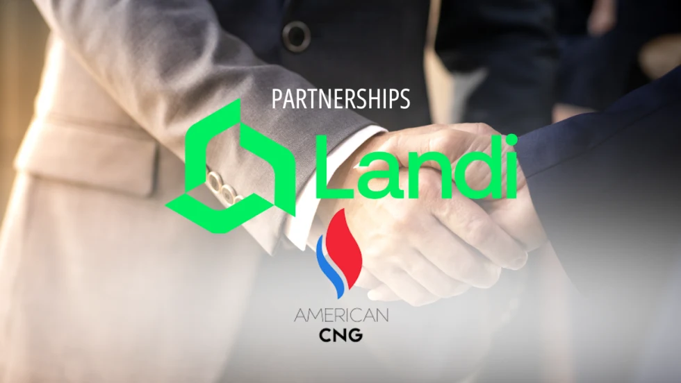 Handshake symbolizing Landi Technologies and American CNG partnership to launch first integrated RNG/CNG solution for medium-duty trucks across North America.