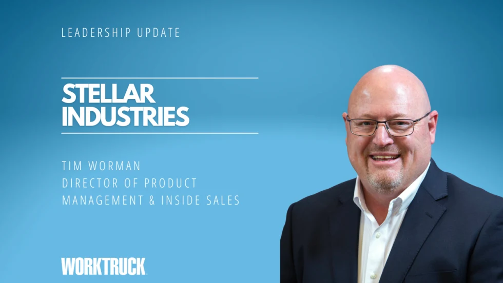 Man in business attire against a blue background with white headlines for Leadership Update, Stellar Industries, and the man's name and job title.