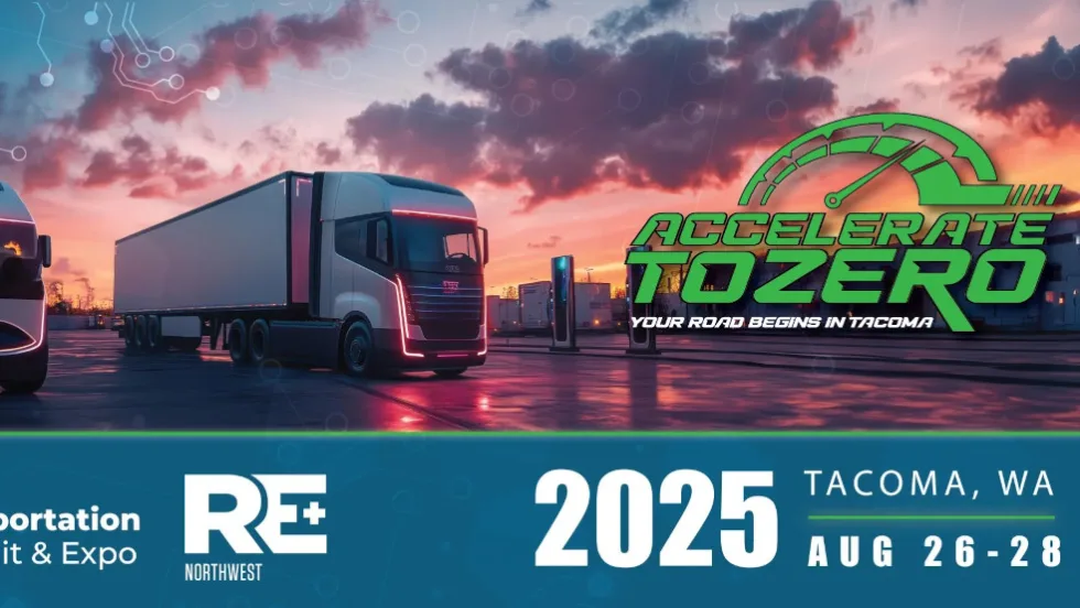 A promotional flier for the Green Transportation Summit & Expo shows two battery-electric tractor trailers against a sunset sky with clouds.