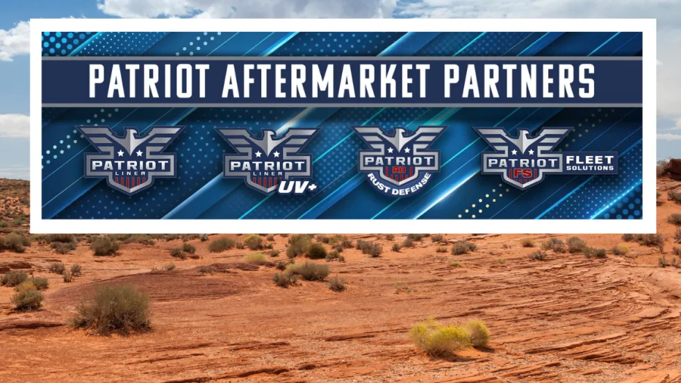 A graphic with multiple brand logos for Patriot Aftermarket Solutions set against a desert background.