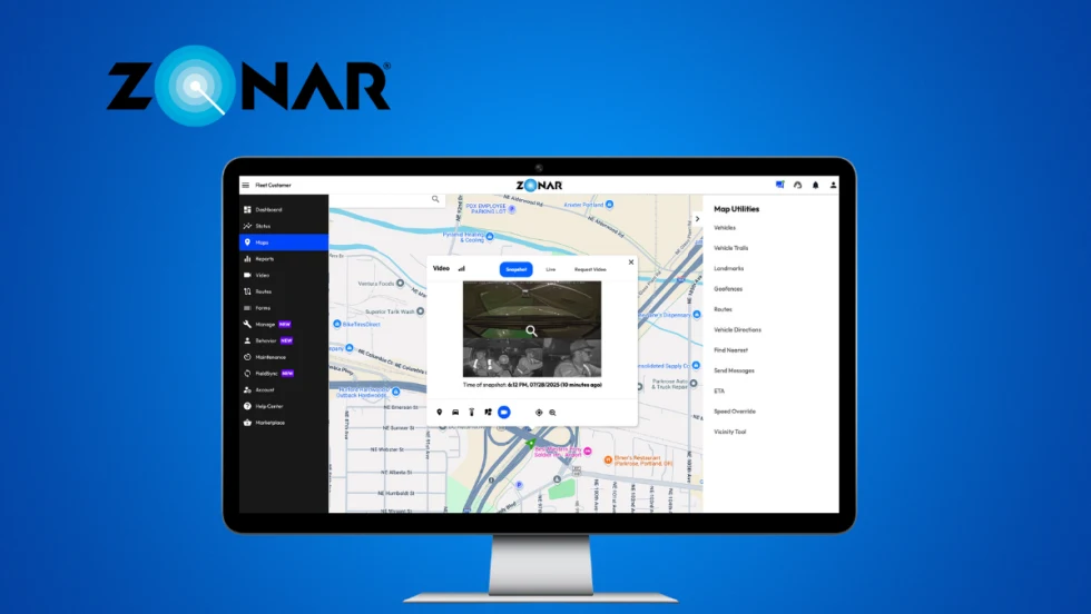 Blue background with inset image of a computer screen containing fleet analytics, and a logo in the upper left for Zonar.