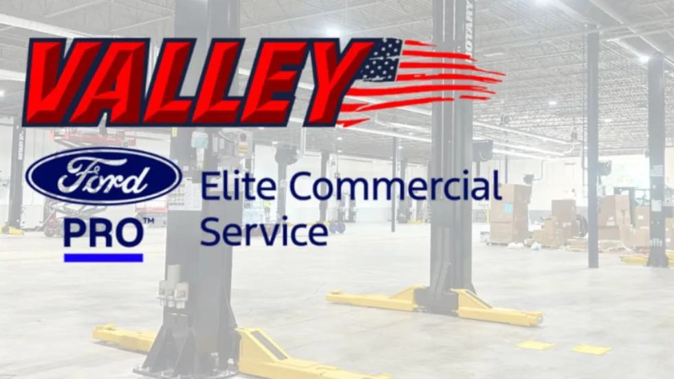 Background image of an automotive shop interior with logos for Valley, Ford Pro, and Elite Commercial Service.