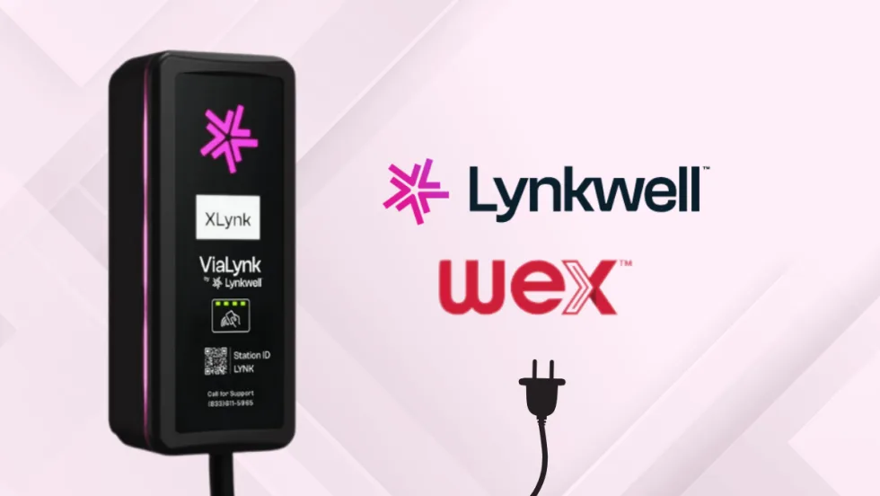 Lynkwell XLynk EV charger with Lynkwell and WEX logos on a light pink background, symbolizing the new payment integration for fleet charging.