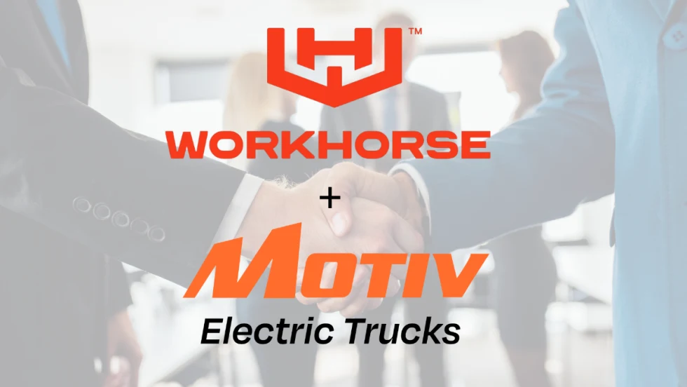 Faint background image of a handshake and business people, with inset logos for Workhorse and Motiv Electric Trucks.