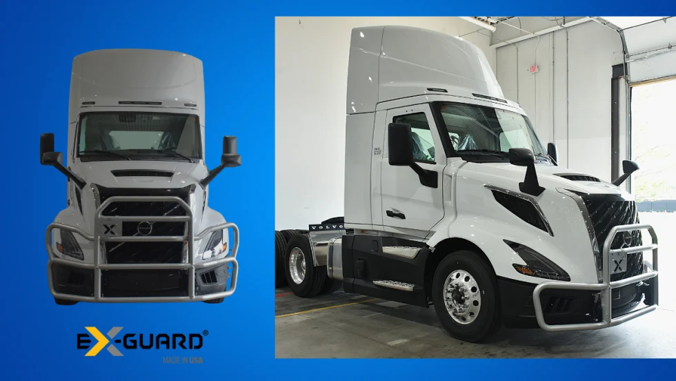 Ex-Guard VM series grille guards on Volvo trucks, offering advanced protection, CMS radar compatibility, and durable steel construction for VNL and VNR models.
