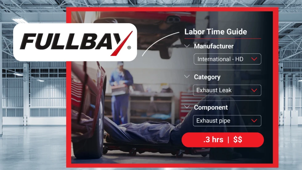 Background shop image with inset image of mechanics working on a vehicle, bullet points about a software integration, and a logo for Fullbay.