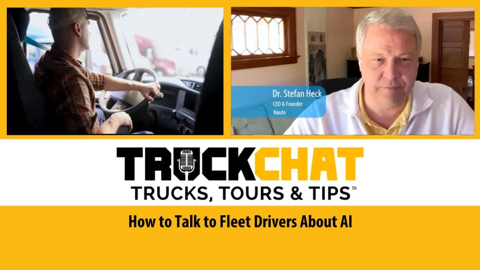 Video thumbnail for Truck Chat with topic of How to Talk to Fleet Drivers about AI, inset truck driver top right, inset business man talking top right.
