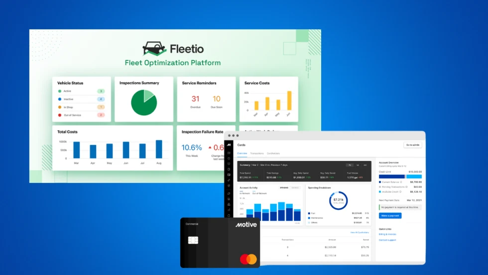 Fleetio and Motive screen captures on blue background illustrating recent intregration news for fleet management. 