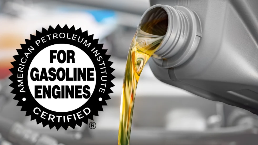 Image of oil pouring from a plastic bottle and inset logo for For Gasoline Engines certification.