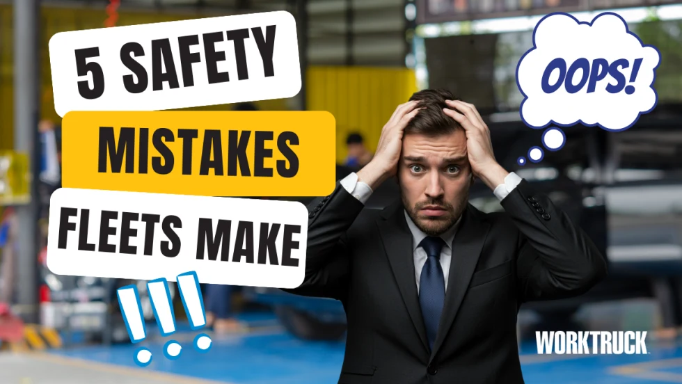 A worried man in a suit holds his head with a thought bubble saying “Oops!” alongside text highlighting five common safety mistakes fleets make.