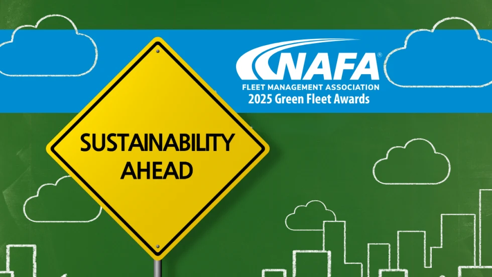 Green background with chalk drawings of city skyline and clouds, inset traffic sign that says Sustainability Ahead, logo for NAFA, small headline 2025 Green Fleet Awards.
