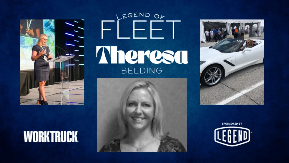 Legends of Fleet Theresa Belding with images of her on stage, headshot, and in a white car.