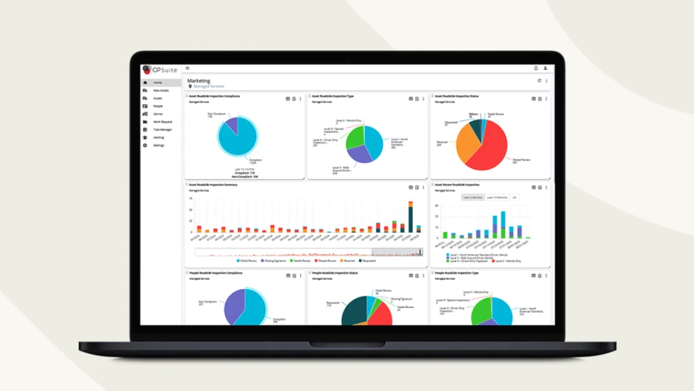 Laptop screen showing CPSuite’s roadside inspection SmartTiles with charts and graphs tracking driver and asset compliance, inspection types, and pass/fail outcomes.