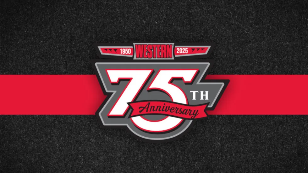 Black background and red and white logo for Western Products' 75 anniversary.