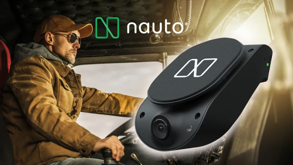 Background photo of man driving a truck with inset image of a in-cab camera and a logo for Nauto.