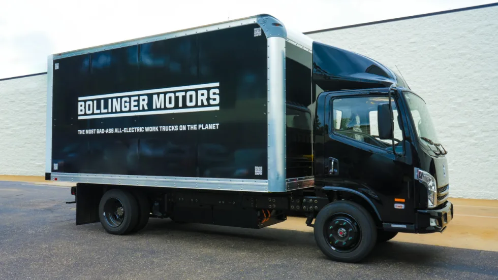 Bollinger B4 all-electric Class 4 chassis cab truck with box body, now offered by Ziegler and Range Truck Group in Minnesota, Wisconsin, Iowa, and Washington.