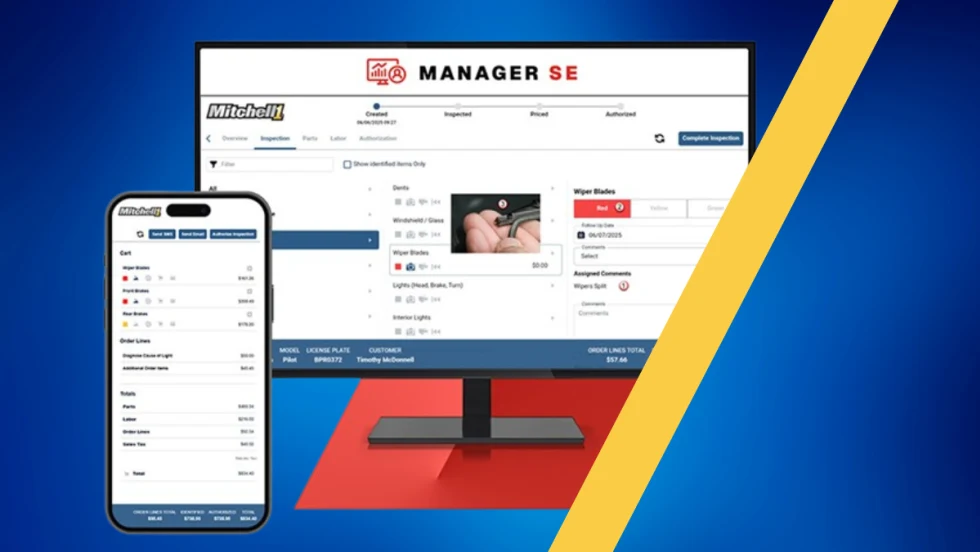 Blue background with inset image of auto shop software displayed on both a smart phone and a computer screen.