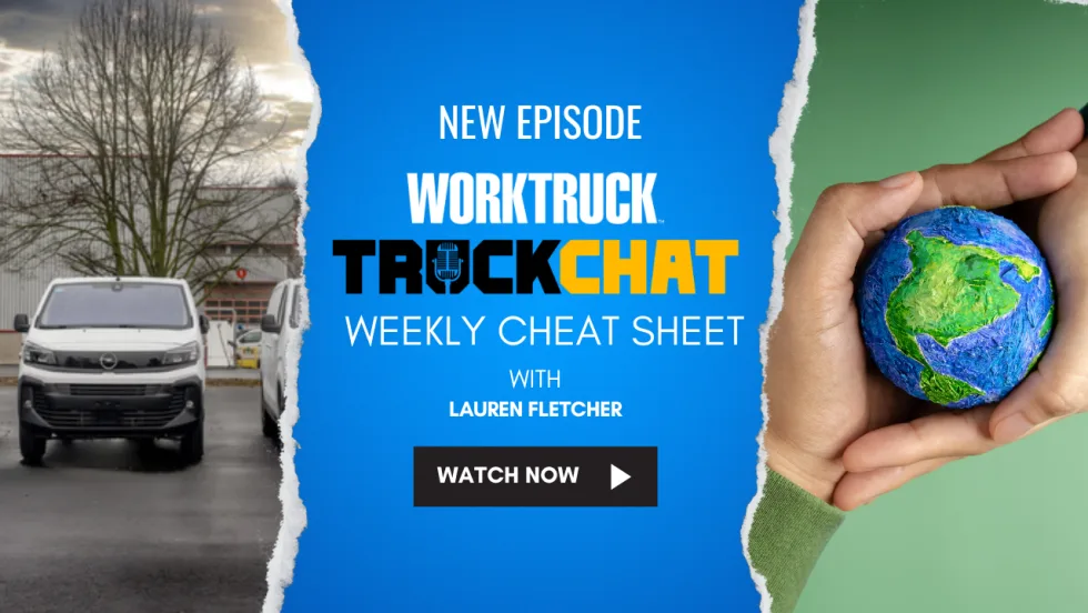 Work Truck’s Truck Chat Weekly Cheat Sheet graphic promoting new episode with Lauren Fletcher, highlighting fleet metrics, grille guards, winter fuel prep, and Stellantis hydrogen news.