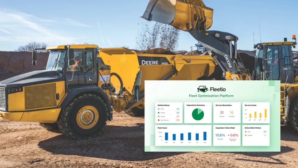 John Deere heavy equipment at a job site with Fleetio fleet optimization platform dashboard overlay showing equipment health and maintenance data.