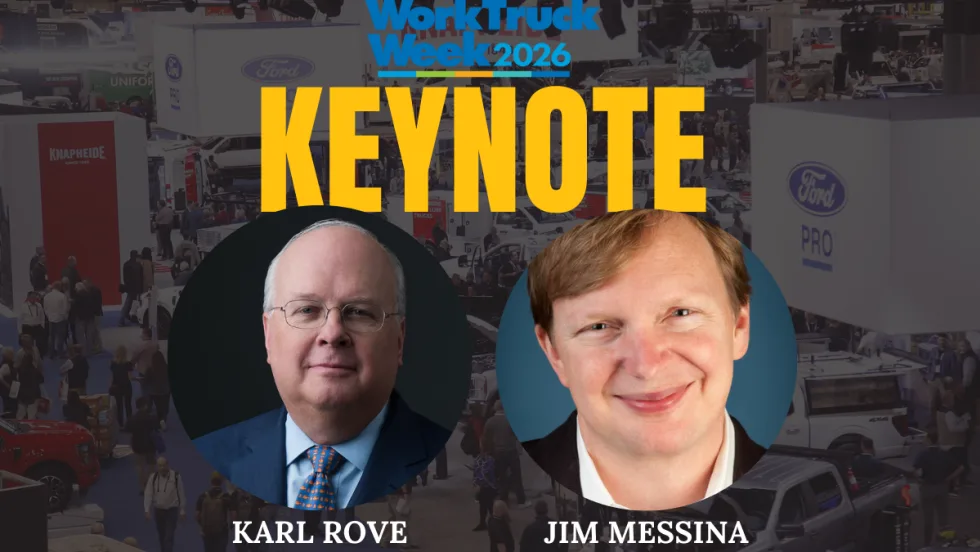 Graphic promoting Work Truck Week 2026 keynote featuring Karl Rove and Jim Messina with event background.