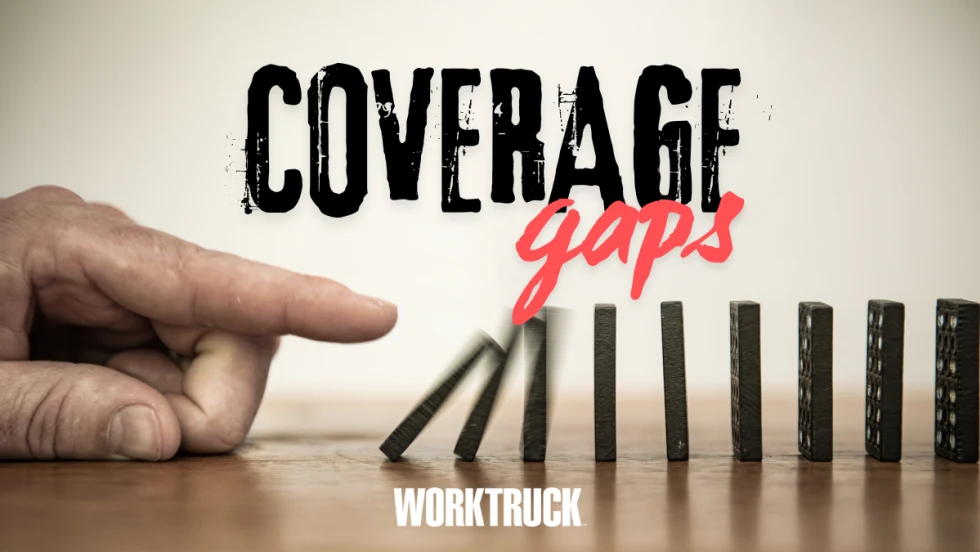 Hand pushing dominoes with the words “Coverage Gaps,” symbolizing how small insurance gaps can trigger bigger problems.