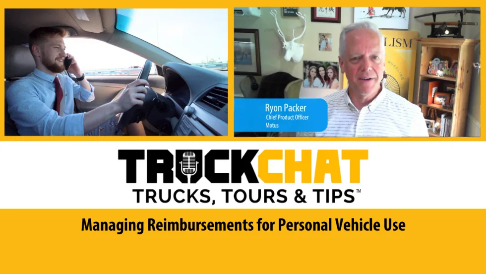 Thumbmail image for Truck Chat Trucks, Tours & Tips series with inset photo of man driving car top left and business man talking top right, and headline for Managing Reimbursements.