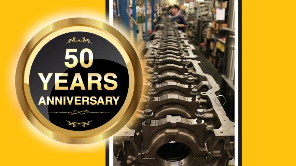 Gold background with inset round graphic for 20 years anniversary and an inset image of automotive part remanufacturing line.