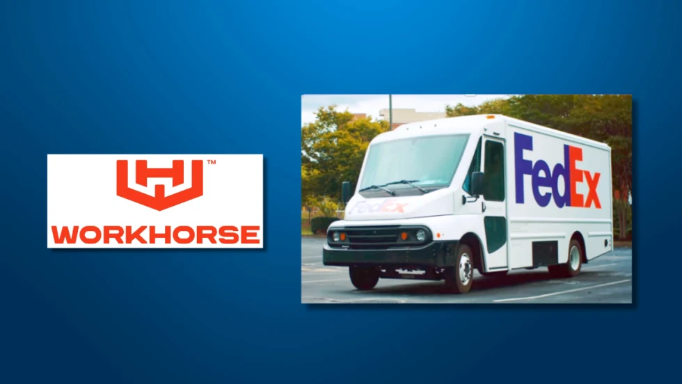 Workhorse logo alongside a FedEx-branded Workhorse W56 step van parked outdoors, representing the vehicle in service with FedEx fleets.